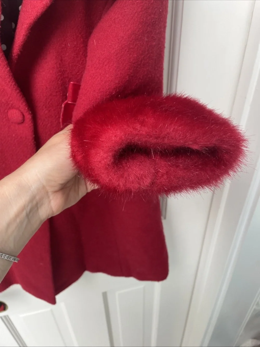 Children’s Place 4T Red Faux Fur Trimmed Wool Holiday Coat Bows Holiday